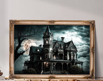 Abandoned mansion, Gothic Vintage House Art, Spooky Oil Painting Print, Dark Academia Printable, Moody Gothic Home Decor