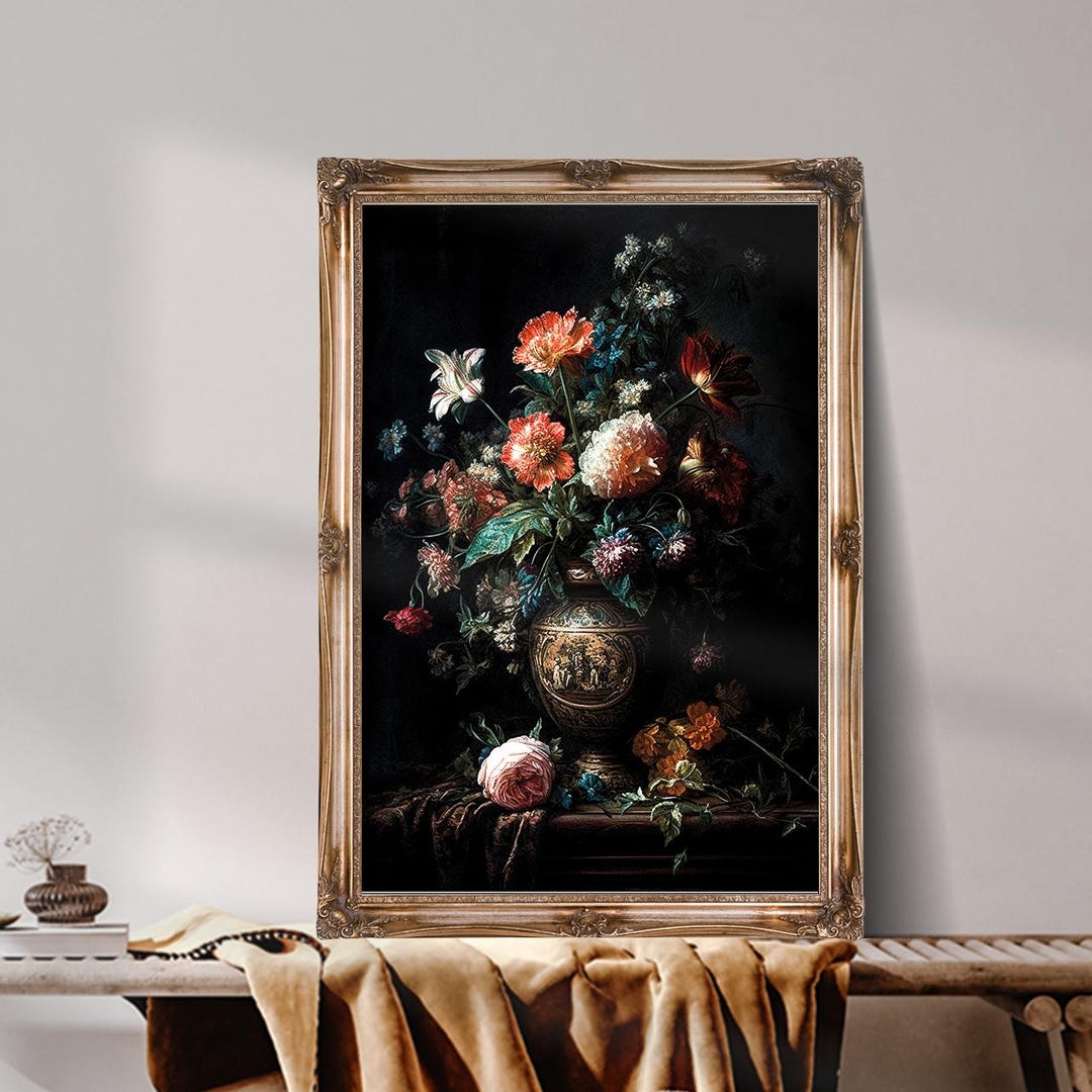 Dark Floral Still Life Printable Art – Vintage Vase Painting – Moody ...