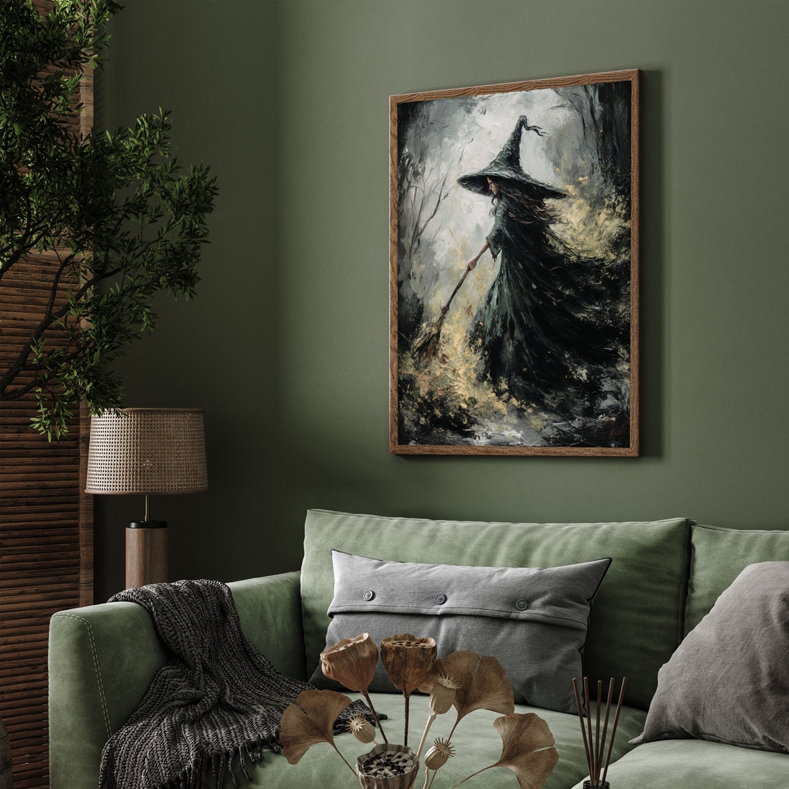 Green Witch With Broom in the Forest Wall Art, Othic Home Decor ...