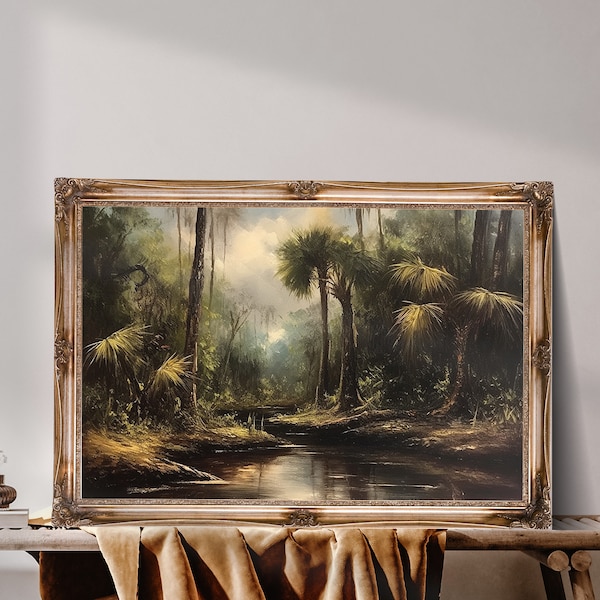 Antique florida landscape, Wall Art Forest, Lake Poster, Dark Aesthetic, oil painting, Neutral Art Print, Farmhouse Wall Decor