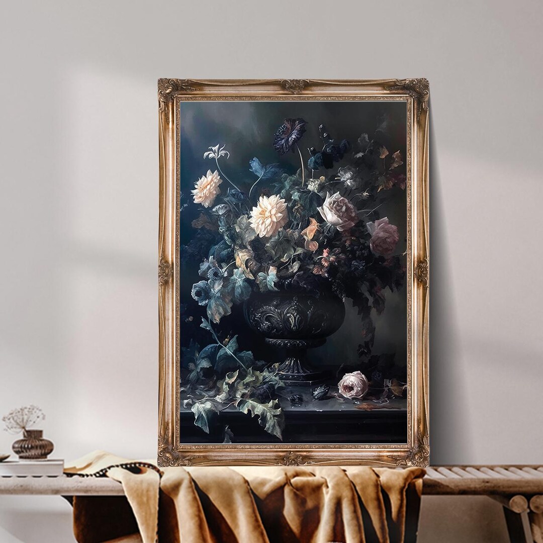 Dark Floral Still Life Printable Wall Art - Moody Vintage Bouquet ...