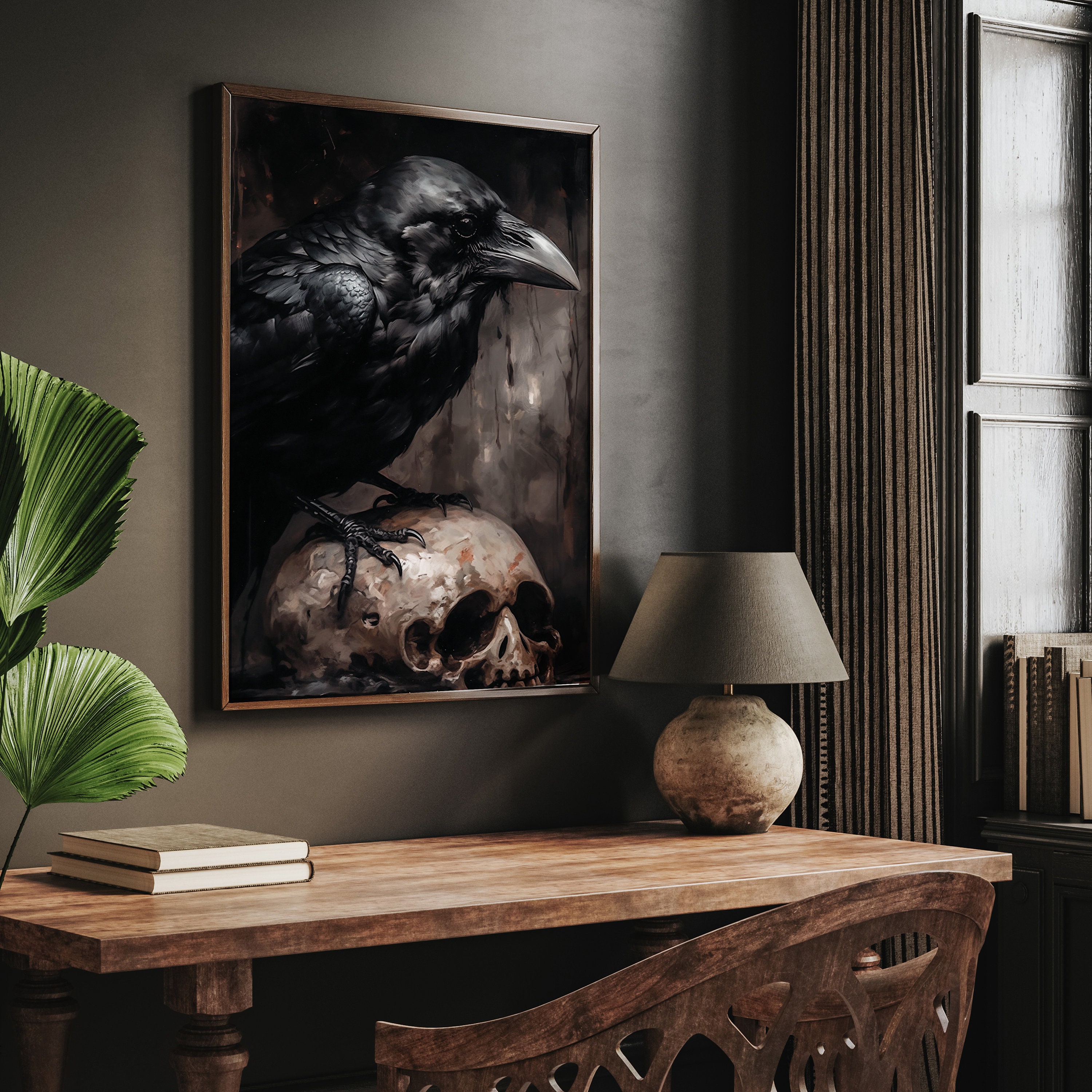 Raven on Gothic Skull Printable, Raven Bird Wall Art, Gothic Decor