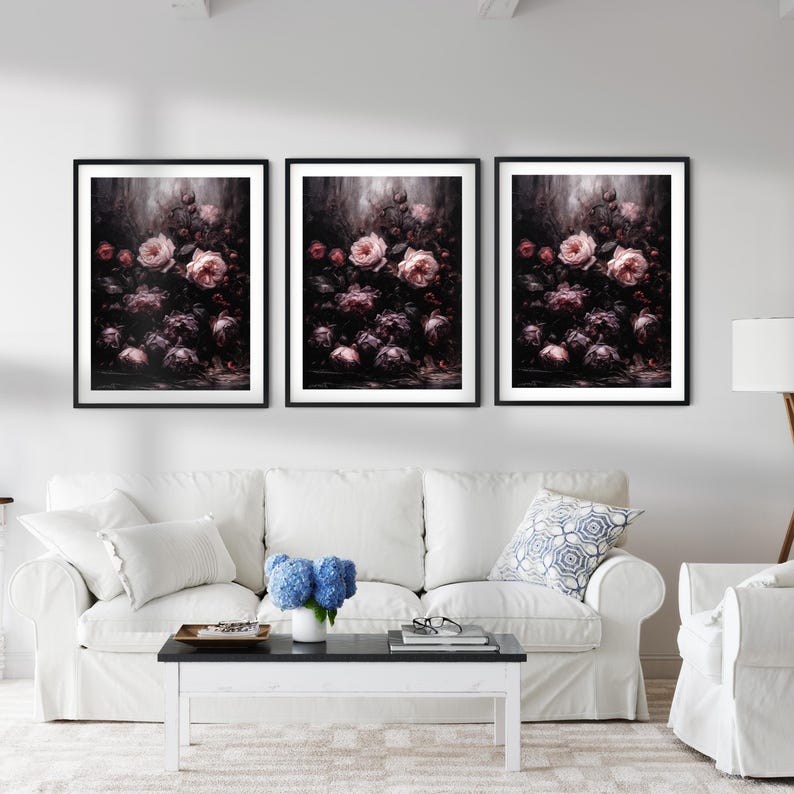 Dark Romantic Floral Wall Art Set of 3 - Moody Peony & Rose Painting ...