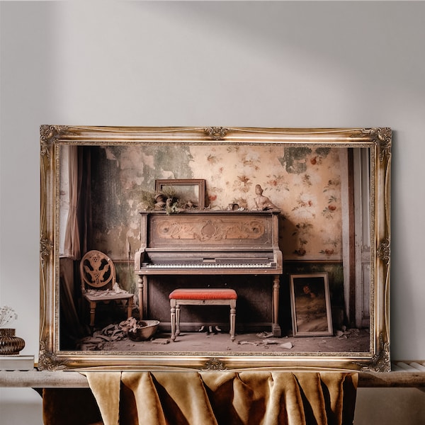 Old piano in abandoned house, Vintage Piano Print, Vintage Painting, Moody Neutral Art, Printable Art, Music Room Decor, Digital Art