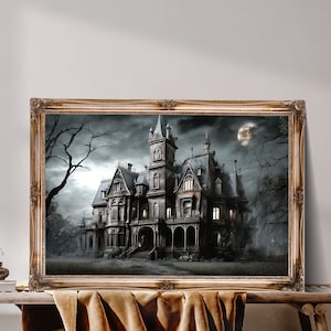 Abandoned haunted mansion, Gothic Vintage House Art, Spooky Oil Painting Print, Dark Academia Printable, Moody Gothic Home Decor