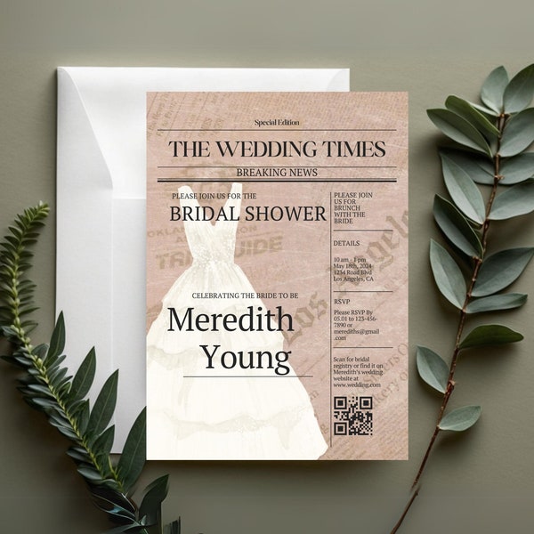 Newspaper Style Front Page Meredith Bridal Shower 5x7 CANVA Invite, Editable Template, Modern, Customize Template, Printable, Wedding, Bride