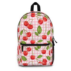 Pink Plaid Cherries Backpack, Cute Fruit Patterned Bag, School Knapsack, Travel Rucksack, Stylish Bookbag