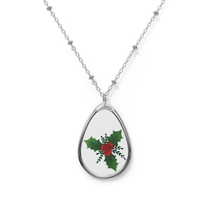 Birth Flower Oval Necklace | December Holly