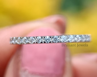 1.00MM Round Moissanite Half Eternity Band For Women Wedding Band, Matching Band For Engagement Ring, Anniversary Stacking Band Promise Ring
