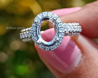 Oval Semi Mount Engagement Ring, 14K Gold Hidden Halo Setting, Custom Diamond Ring