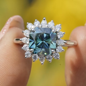 Cyan Blue Antique Cushion Moissanite Engagement Ring 14K Gold  3CT Cushion Cut Halo Wedding Ring Cushion Moissanite Anniversary Ring For Her