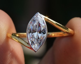 1.50CT Marquise Gold Moissanite Ring 14K Yellow Gold Engagement Ring Bypass Bezel Setting Marquise Moissanite Two Tone Ring Anniversary Ring