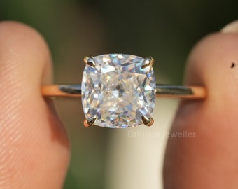 2CT Cushion Moissanite Engagement Ring 14K Cushion Solitaire Engagement Ring Cushion Cut Moissanite Diamond Ring For Her Anniversary Gift