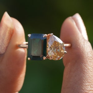 Pear And Emerald Cut Moissanite 14K Rose/Solid Gold Two Stone Moissanite Engagement Ring Toi Et Moi Moissanite Ring For Anniversary Gift