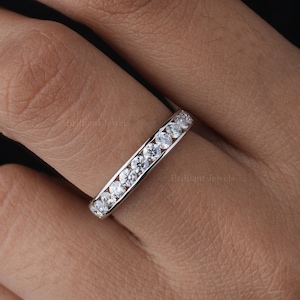 Round Channel Set Wedding Band 14K/18K White Gold Round Half Eternity Ring Matching Stacking Band For Her Bridal Set Ring Anniversary Band
