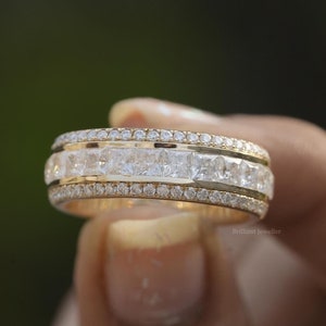 14K Yellow Gold 3MM Princess Cut Moissanite Wedding Band Full Eternity Wedding Band For Women Channel Set Side Pave Diamond Wedding Band Her
