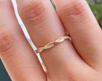 Petite Twisted Vine Diamond Moissanite Band 14K Rose Gold Infinity Round Diamond Dainty Wedding Band Anniversary Band For Her Stacking Band