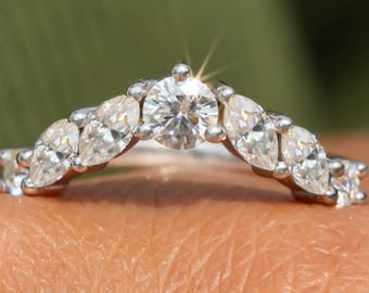 Marquise And Round Lab  Diamond Band 10K Marquise Cut Lab Grown Diamond V Shape Curved Wedding Band Half Eternity Stacking Ring for Women