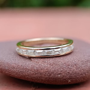 10K/14K Baguette Diamond 3*2MM Channel Setting Half Eternity Women Wedding Band Stacking Band For Engagement Ring Matching Anniversary Ring
