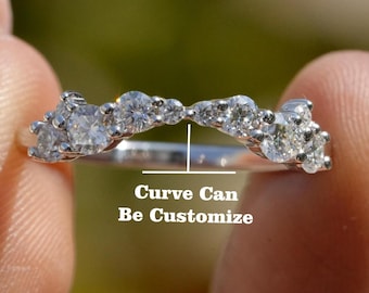 Dainty Curved Tiara Band Round Cut Moissanite Wedding Band 14K Solid Gold Minimalist Diamond Curved Wedding Band Stacking Anniversary Band