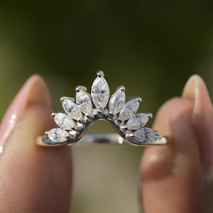 Vintage Marquise Moissanite Curved Stacking Ring Marquise Cut Moissanite Curved Matching Band 14K White Gold Curved Wedding Stacking Band
