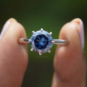 2CT Dark Blue Round Moissanite Engagement Ring With Petal Prong 14K White Gold Round Solitaire Ring, Bridge Pave Ring For Women, Bridal Ring