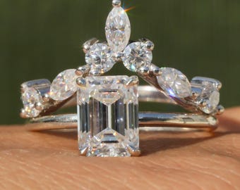 2 Ct Emerald Lab Grown Diamond Bridal Wedding Ring Set Emerald Ring With Matching Curve Stacking Band Emerald Solitaire Diamond Ring Set
