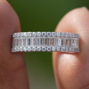 3MM Baguette Moissanite Band Channel Set Wedding Band Baguette &Round Moissanite Diamond Band Half Eternity Stacking Ring Anniversary Band