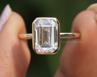 3Ct Emerald Cut Moissanite Engagement Ring Vintage 14K Gold Bezel Setting Ring Unique Emerald Moissanite Promise Ring Emerald Wedding Ring