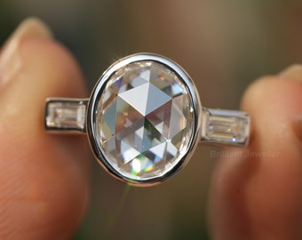 3CT Rose Cut ovale Moissanite verlovingsring voor haar, 14K gouden ovale Rose Cut Moissanite Diamond Ring drie stenen stokbrood ring, belofte ring
