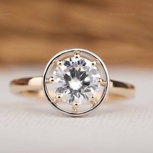 1.5CT Round Solitaire Engagement Ring Round Cut Moissanite Diamond Ring 14K Yellow Gold Round Unique Bezel Style Wedding Anniversary Ring