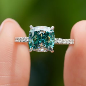 2 CT Cushion Cut Green Cyan Blue Moissanite Ring Cushion Solitaire Engagement Ring ,Wedding Ring For Women, Anniversary Gift Promise Ring