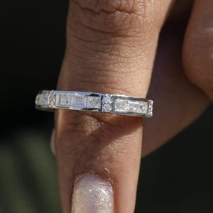 Baguette Channel Set Wedding Band 14K White Gold Princess Cut Channel Set Half Eternity Band Unique Baguette Stacking Ring Anniversary Band
