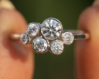 Round Cluster Two Tone Ring Iconic Cluster 14K Gold Engagement Ring Wedding Vintage Ring Round Bezel Set Cluster Diamond Anniversary Ring