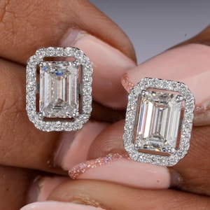3.50CTW Emerald Cut Lab Grown Diamond Stud Earrings Emerald Diamond Studs Halo Earrings 14K Gold Emerald  Solitaire Earrings Gift For Women