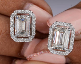 3.50CTW Emerald Cut Lab Grown Diamond Stud Earrings Emerald Diamond Studs Halo Earrings 14K Gold Emerald  Solitaire Earrings Gift For Women