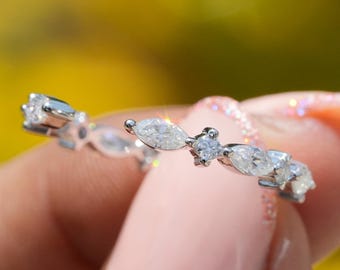 14K Gold Open Gap Wedding Band Dainty Marquise Moissanite Open Wedding Band Spacer Band Notched Wedding Band Open Cuff Ring Anniversary Gift