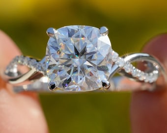 2.50CT Cushion Moissanite Engagement Ring 14K White Gold Cushion Cut Solitaire Ring 4 Prong Cushion Moissanite Twisted Wedding Ring For Her
