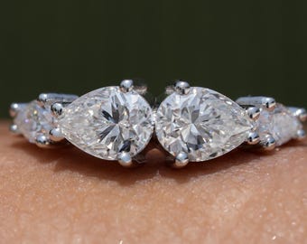 Anel de noivado de moissanita em formato de pera, ouro maciço 14K, diamante, anel de casamento, pera East West, presente de aniversário para ela