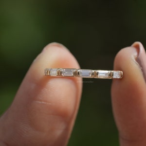 14K Yellow Gold Thin Wedding Band Baguette Cut Moissanite Diamond Wedding Band Minimalist Matching Ring Baguette Stacking Ring Half Eternity