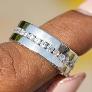 Channel Set Round Moissanite Wedding Band 14K Solid Gold Unisex Band For Men Thick Wide Channel Set Full Eternity Band Pave Anniversary Band