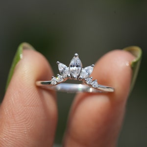 Marquise Moissanite Curved Wedding Band, 10K/14K White Gold Curved Stacking Ring, V Shaped Chevron Ring, Anniversary Matching Band For Her