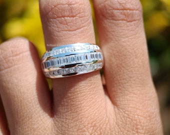 Set di canali a cupola Fede nuziale a baguette Fede nuziale in moissanite con taglio principessa Anello in oro bianco 14 carati con taglio a baguette Mezza eternità Anello regalo per l'anniversario