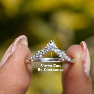 Dainty Round Moissanite Wedding Band V Shape Curved Ring For Women Chevron Band Curved Wedding Band Solid 14K Gold Ring V Wedding Band