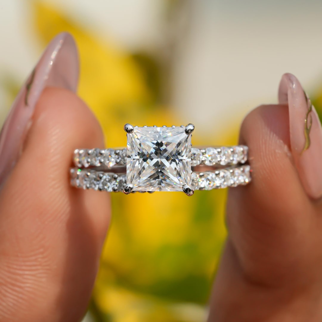 Princess Cut Lab Grown Diamond Engagement Ring Set, White Gold Bridal ...
