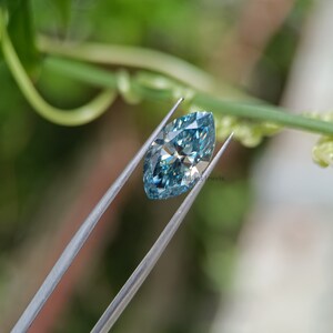 May include: A light blue marquise cut diamond held by tweezers against a green leafy background.  Brilliant Jewels is visible in the image.
