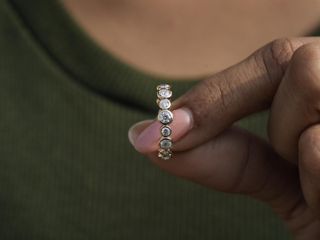 Round Moissanite Bezel Set Full Eternity Band 14K Yellow Gold Bezel Set ...