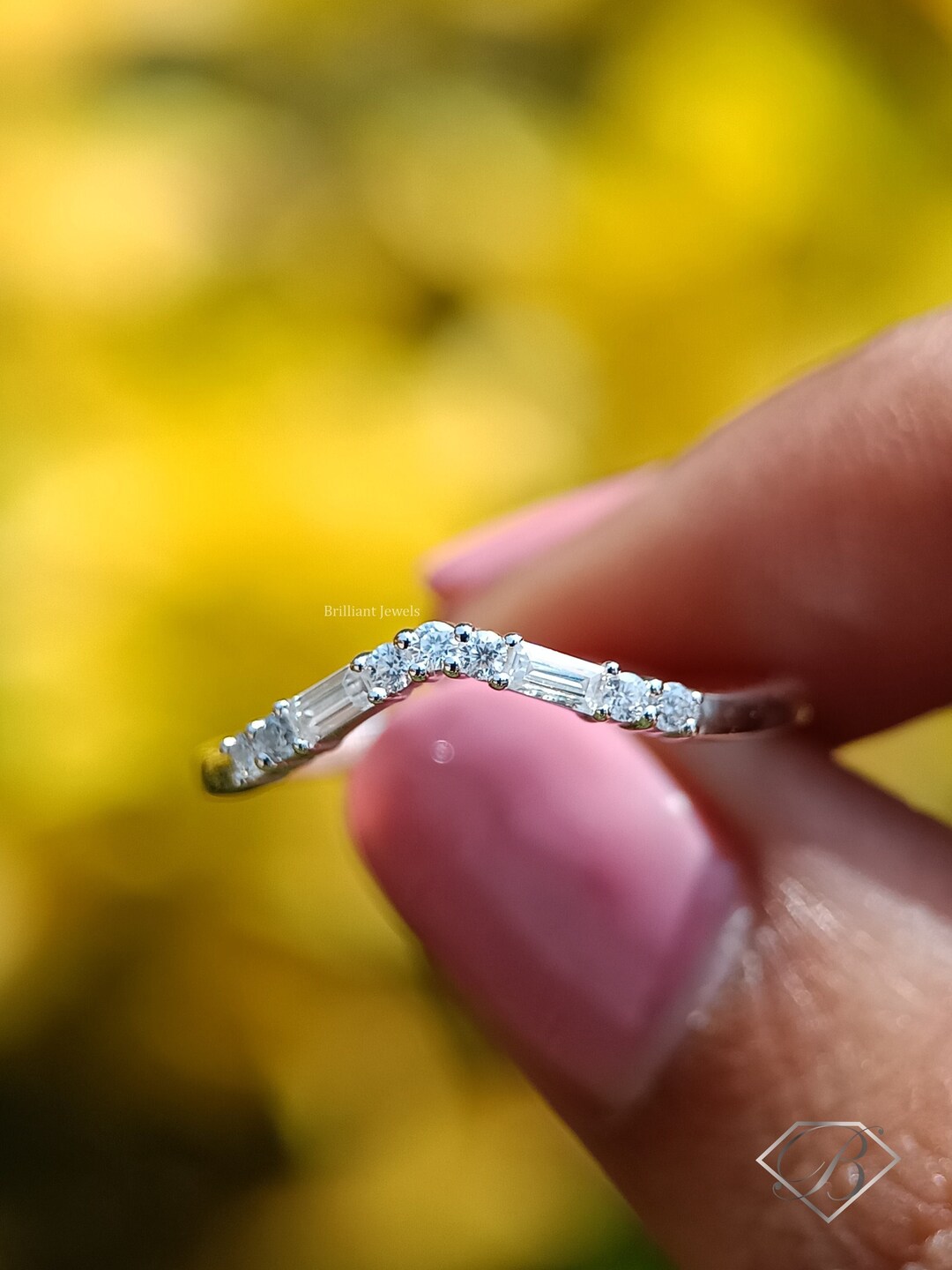 Baguette Moissanite Curve Wedding Band Chevron Curve Wedding Band 14K White Gold Round