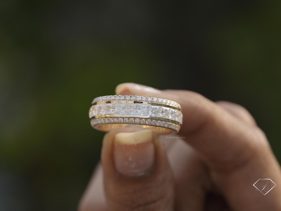 14K Yellow Gold 3MM Princess Cut Moissanite Wedding Band Full Eternity ...