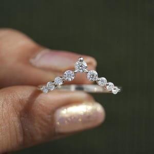 14K White Gold Round Moissanite Wedding Band Curved Wedding Band Contour Wedding Band Unique Chevron Matching Stacking Band Anniversary Band